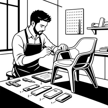 Black and white vector SVG of young man designing a futuristic chair prototype using sculpting and modeling tools
