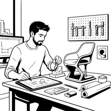 Black and white vector SVG of young man designing a futuristic chair prototype using sculpting and modeling tools