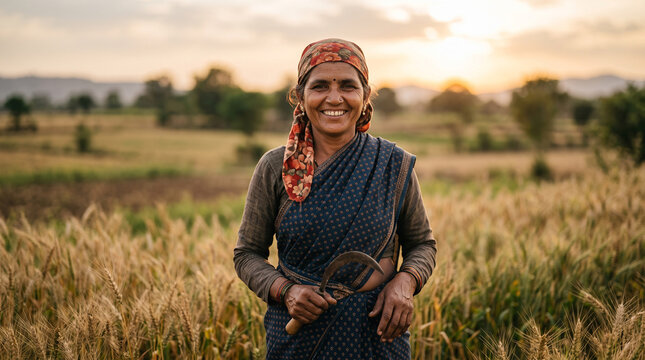 Smiling woman holding a sickle in a wheat field at sunset