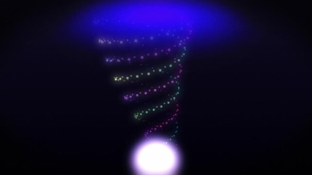 Abstract vortex formed by glowing multicolored particle trail rotating against dark space background loop