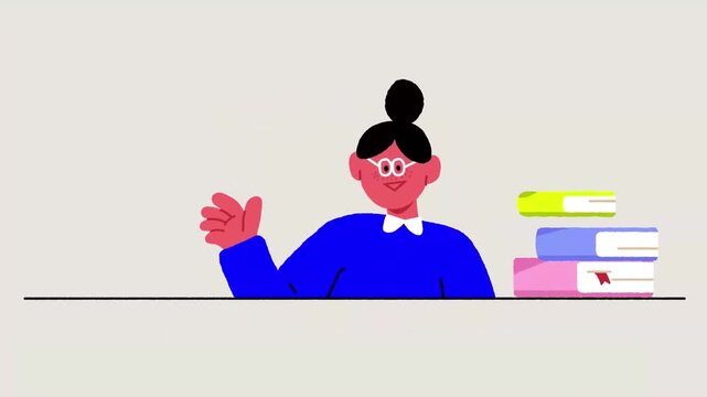 Animated woman speaking and gesturing with stack of books and coffee cup in colorful motion video clip