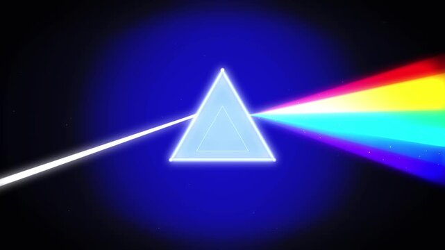 Abstract white triangle prism refracting single beam into rainbow spectrum animated glowing against dark background