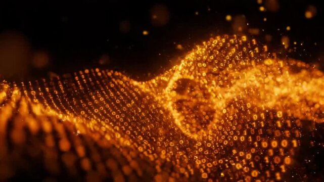Abstract golden digital data wave flowing with glowing binary code particles in cyberspace.