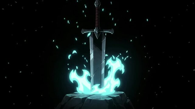 A mystical sword with a glowing blue flame at its base, standing upright in a dark, ethereal setting.