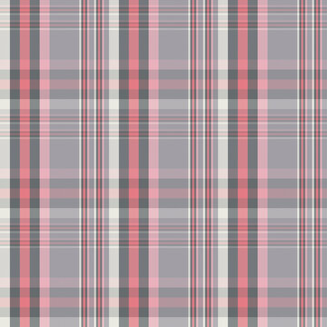 A stylish classic plaid pattern featuring intersecting vertical and horizontal stripes in soft pink, grey, and white tones.