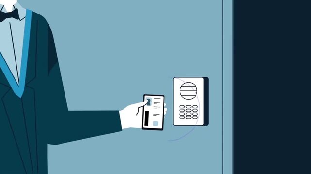 Secret agent in sunglasses using secure access card reader to open heavy door in animated video clip