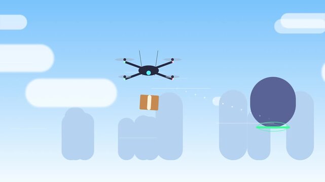 Delivery drone carrying package in clear blue sky with white clouds in modern minimal flat vector art style