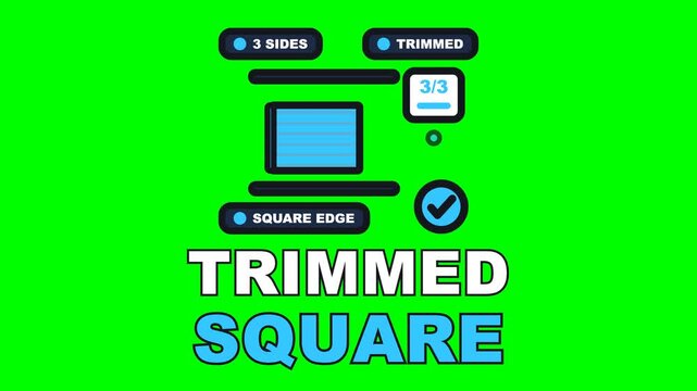 4K green screen TRIMMED SQUARE animated text - the guillotine takes the three edges in turn and the block comes off dead square, kinetic typography bookbinding overlay, chroma key