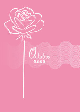 Pink October awareness campaign. Stylized white rose with a minimalist design. Ribbon featuring white wavy lines with a gradient effect. Bubblegum pink background.