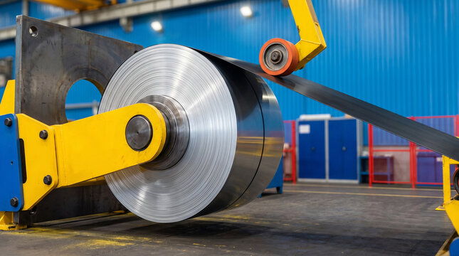 Shiny steel coil unrolls on a yellow decoiler arm against a blue industrial factory background