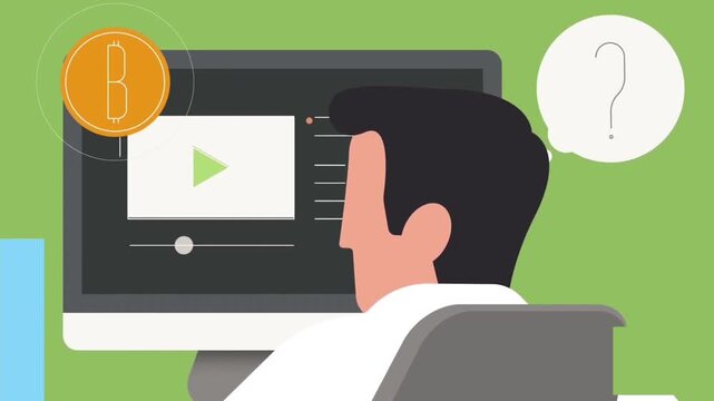 Animated graphic video of man watching computer monitor with bitcoin symbol and question mark in vector style