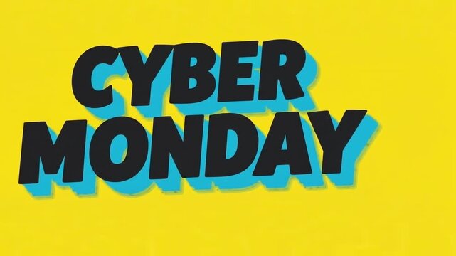 Cyber Monday text displays bold black lettering with a vibrant blue shadow set against a bright yellow background.