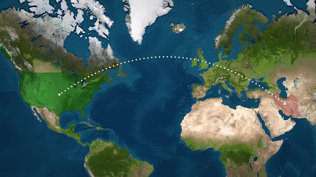 USA to Iran route map with dotted arc arrow across Atlantic on satellite world map, United States green and Iran red