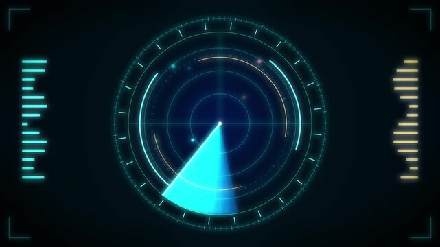 Digital radar screen with scanning circular interface detecting objects in dark cyberspace motion graphic clip