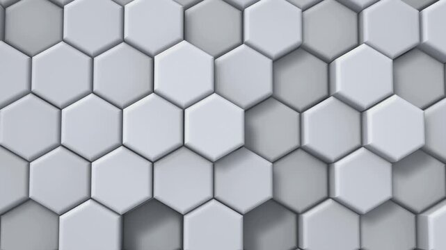 White 3D hexagon wall tiles moving in and out with soft shadows, clean honeycomb pattern abstract background, seamless loop