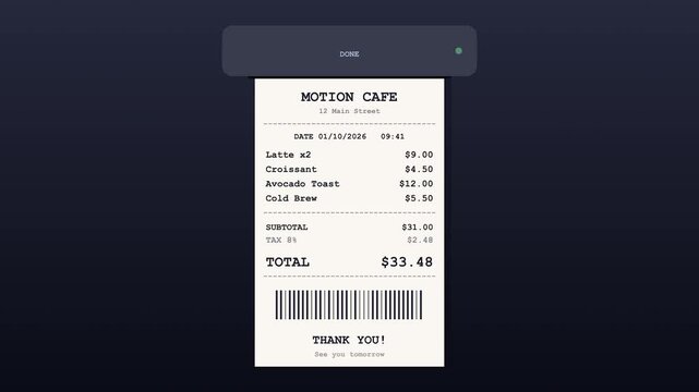 Digital thermal receipt printing for motion cafe order on minimalist dark background with clean line graphic
