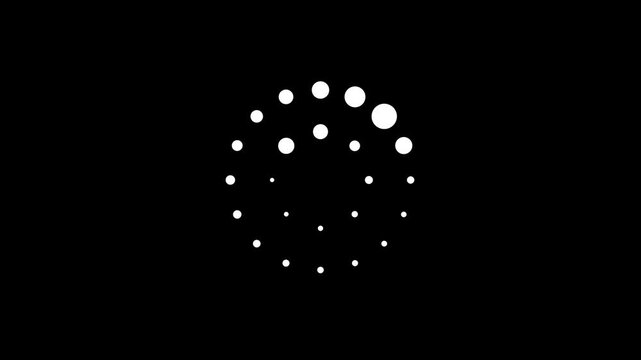 White dotted loading spinner with pulsing dots rotating in concentric rings on black background, loading animation loop