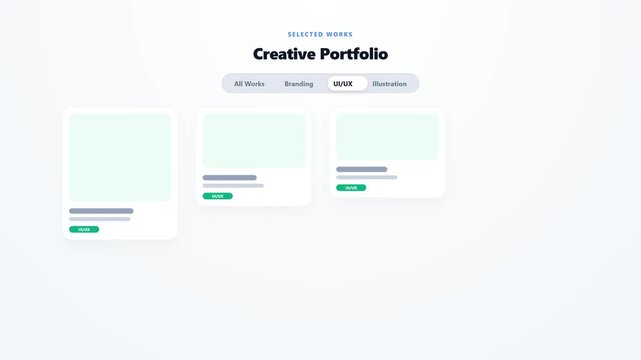 Animasi navigasi tab bergaya terang (light style) untuk portofolio atau galeri proyek (All Works, Branding, UI/UX, Illustration). Menampilkan efek transisi 'Masonry Filter Shuffle', di mana grid gamba