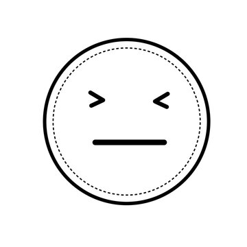 Minimalist neutral emoticon icon. Black line vector emoticon with closed angled eyes and a straight horizontal mouth, expressing a neutral, bored, annoyed, or expressionless mood.