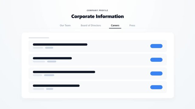 Animasi navigasi tab bergaya terang (light style) untuk informasi perusahaan (Our Team, Board of Directors, Careers, Press). Menampilkan efek transisi 'Elegant Line Draw', di mana garis indikator di b