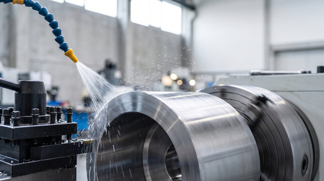 CNC lathe cuts a spinning steel part with high-pressure coolant spray in a precision machining workshop