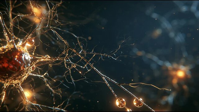Neurons show activity and connection as they transmit signals in a dynamic network, revealing details of brain function and signaling.