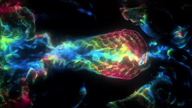 Abstract glowing chromatic dispersion energy wave with microscopic particle details on dark background