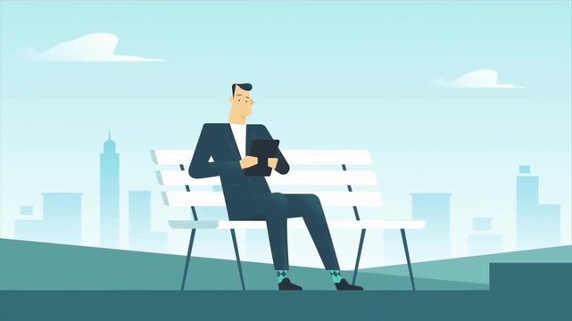 Businessman sitting on a park bench using a tablet computer in 2D vector animation motion footage clip