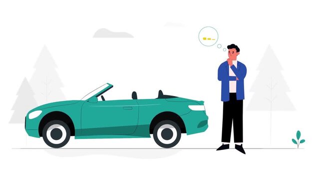 Thoughtful man standing beside a modern green convertible car thinking about buying a luxury vehicle in motion video footage