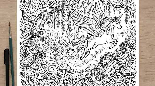 Winged unicorn leaping through an enchanted forest coloring page