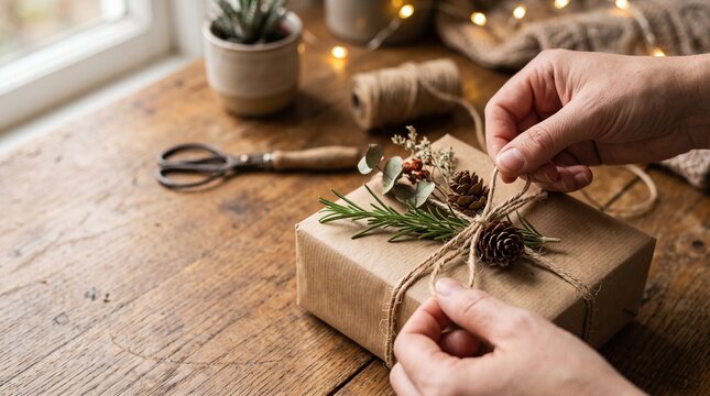 Hands tying twine around a rustic gift box on wooden table