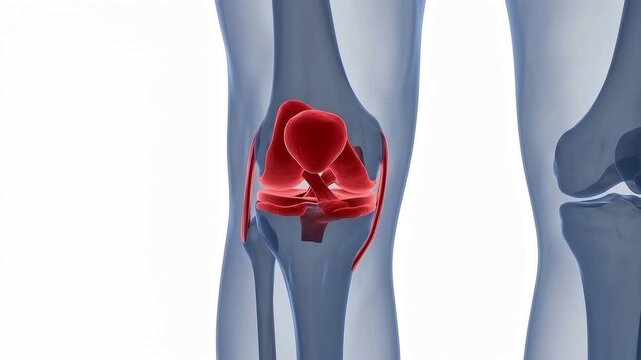 3D medical illustration of a human knee joint showing pain or injury with highlighted red ligaments and meniscus on a white background