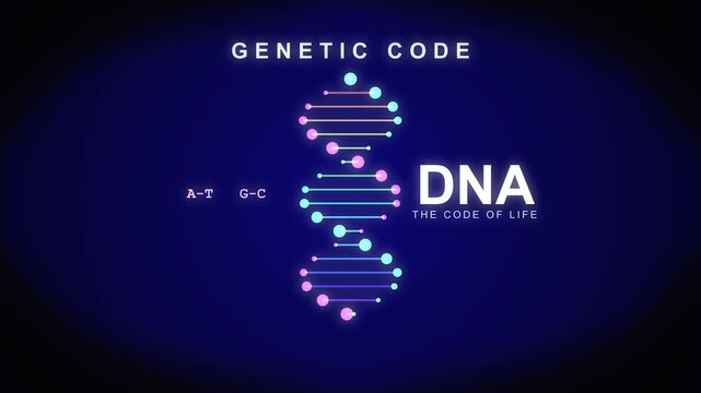 Neon illuminated spinning dna spiral helix model showing genetic code structure on dark blue motion background