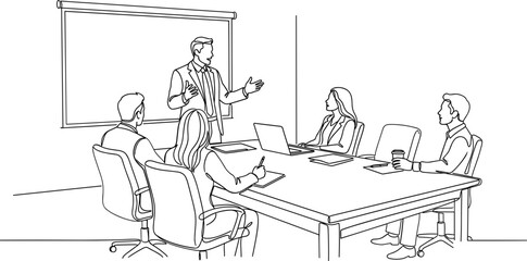 Fototapeta premium A black and white line art depicting a business team meeting with a presenter standing in front of a whiteboard.