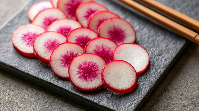 Wooden chopsticks lie beside a row of raw radish rounds