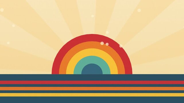 Retro sunset graphic design featuring colorful circular rainbow animation on vintage style striped ocean surface