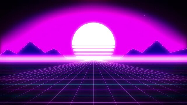 Retro synthwave landscape with glowing neon sun and moving digital grid floor in dark purple abstract space