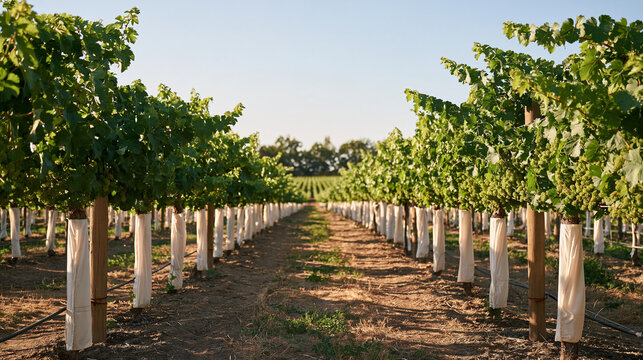 Straight vineyard rows recede toward a distant treeline