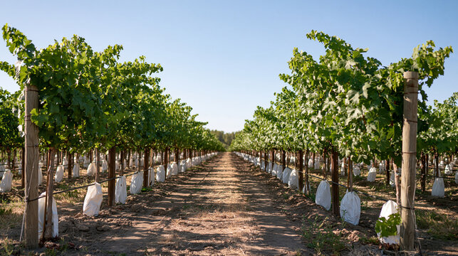 Sunlight falls along parallel rows of a green vineyard