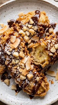 Crispy fried banana topped chocolate drizzle tropical indulgent sweet fruity dessert rustic delight
