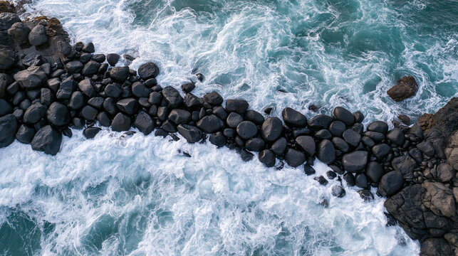 A rocky point separates churning blue water from whitewash