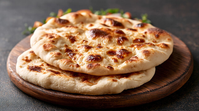 Puffy flatbread shows browned patches on a wooden board