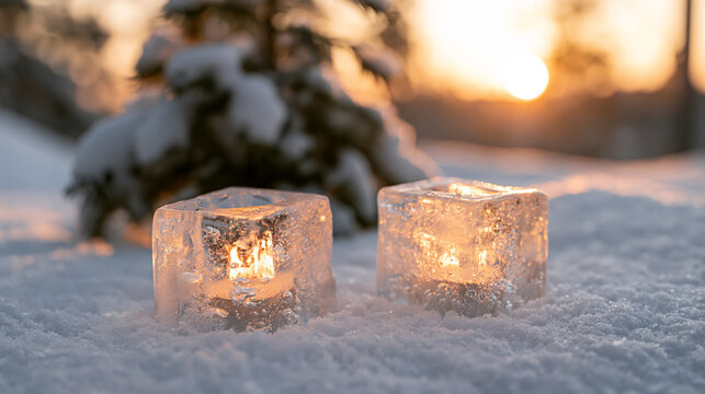 Two glowing candles inside clear ice blocks in snow