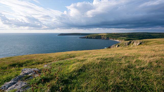 Grassy coastal headland overlooks the sea under dramatic clouds