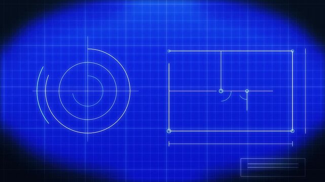 Technical blueprint floor plan drawing appearing on glowing digital grid background for architectural design