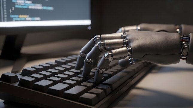 Detailed close-up view of robotic mechanical hands typing program code on a black computer keyboard in front of a coding monitor.