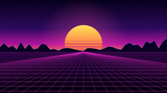 Synthwave Horizon Loop with Retro Sunset Grid and Driving Perspective