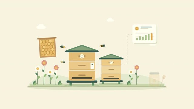 Smart apiary system with modern wooden hives IoT sensor monitoring honey yield dashboard and honeycomb frame