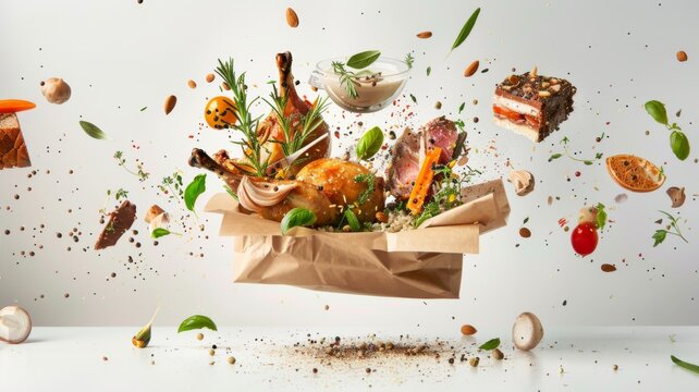 Levitating roasted poultry and culinary ingredients bursting from a rustic paper bag with ingredients floating dynamically fresh gourmet ingredients