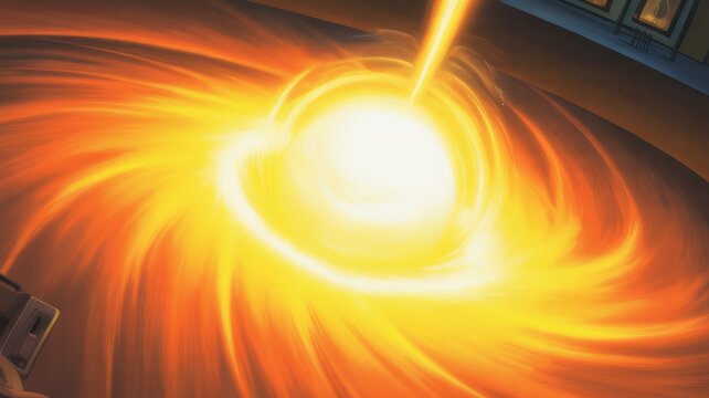 A bright swirling vortex of golden light and energy radiating outwards in a dark space environment with vibrant circular storm